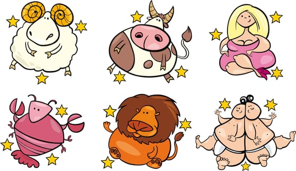 illustration of six overweight zodiac signs from april to september