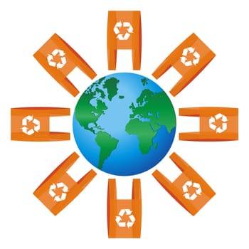 World icon focused on The Americas rounded for lots of shopping plastic bags with the recycling symbol