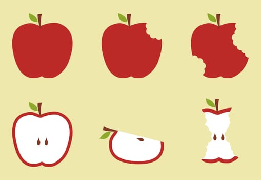 Bitten apples fruit sequence illustration over yellow background.
