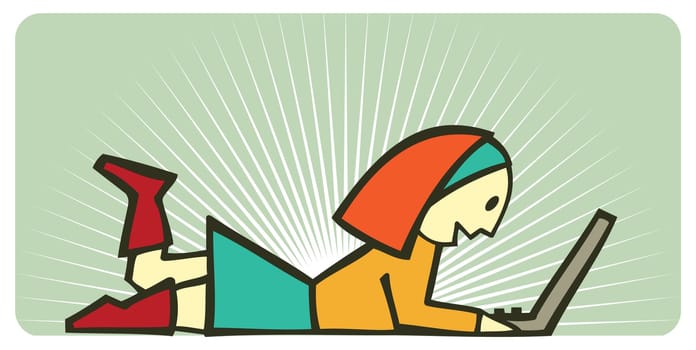 Young woman lying on the floor happily surfing the web on her laptop.