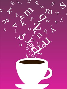 Smokey cup of coffee with letters floating above on purple background. Vector available