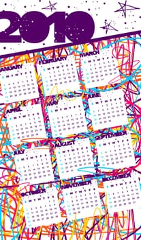 Calendar 2010 with all months shown. Grunge colored lines on white background. Vector available