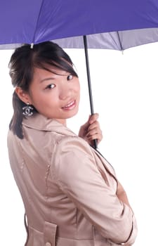 Asian business  woman holding purple umbrella isolated