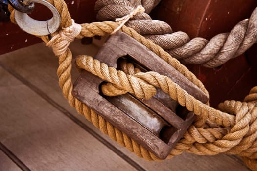Rope and pulley on an old sail boat