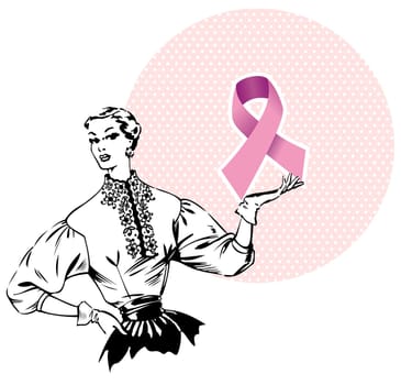 Pink breast cancer ribbon being hold by a woman of the fifties. Vector file