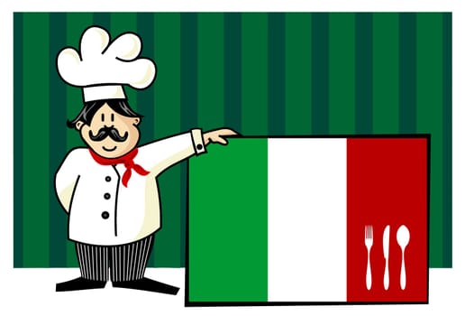 Chef of italian cuisine. Food, restaurant, menu design with cutlery silhouette on the country flag. Striped green background. Vector available