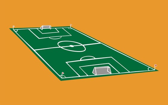 Soccer field illustration in perspective over orange background.