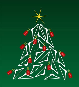 Christmas tree made of clothes hangers ornated with red sale labels. Yellow shiny star on top. Green background. Vector available