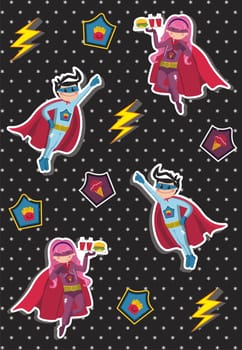 Superheroes kids floating in the air with a tray of fast food in hand on black background with little stars. Vector available.
