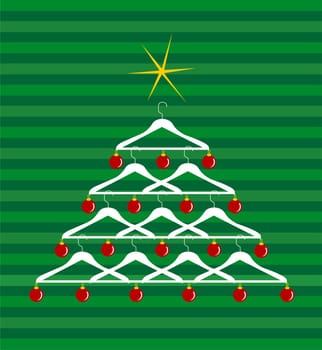 Christmas tree made of clothes hangers ornated with red balls. Yellow shiny star on top. Green striped background. Vector available
