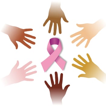 Red ribbon been circled by a group of hands. Vector file available.