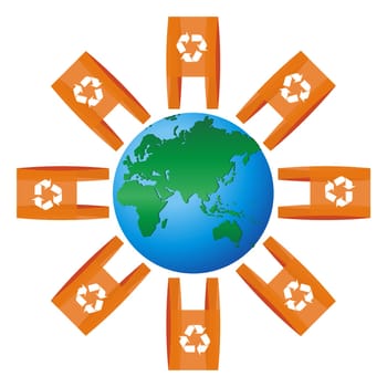 World icon focused on Europe and Asia rounded for lots of shopping plastic bags with the recycling symbol