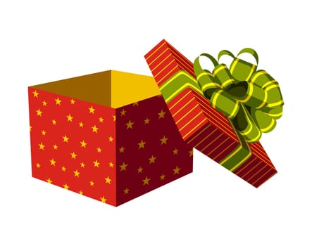 Red open gift box with green and golden ribbon. White background. Vector available