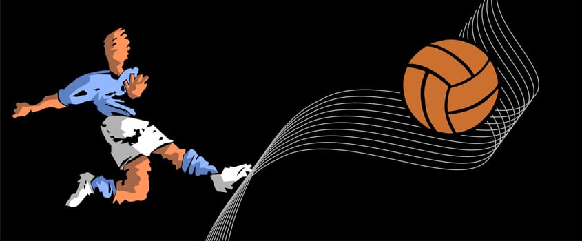 Soccer player shooting. Waves composition over black background