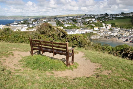bench with a panoramic view of Port Isaac in Cornwall