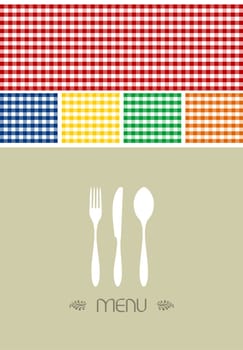 Menu design for restaurant or coffee shop. Cutlery silhouette and tablecloth texture. Food motif background. Vector available