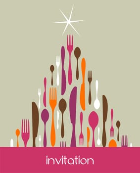 Christmas Tree Cutlery. Fork, spoon and knife pattern forming a tree with a shiny white star on top. Pastel color background. Usable as invitation card. Vector file available.