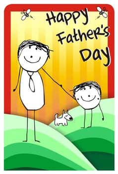 Colorfull hand writting illustration of a father, his son and their dog.