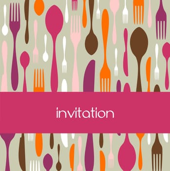 Food, restaurant, menu design with cutlery silhouette background. Warm colors. Suitable as invitation dinner card. Vector available