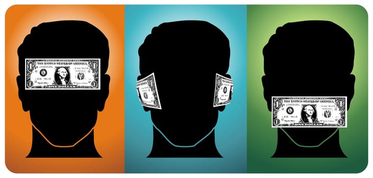 Three heads with their senses blocked by money. Vector available