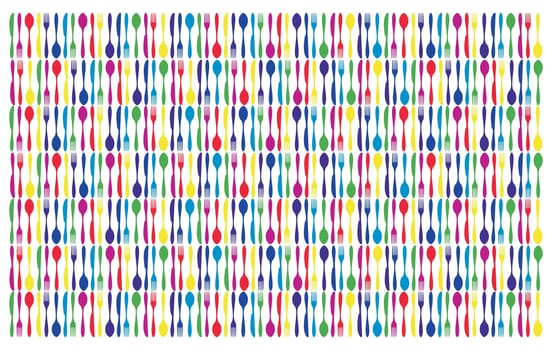 Multicolored cutlery icons. Fork, knife and spoon silhouettes on different backgrounds. Vector avaliable