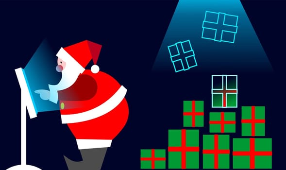 E-commerce: Xmas on line buying. Santa Claus selecting the gifts from a LCD touch screen.