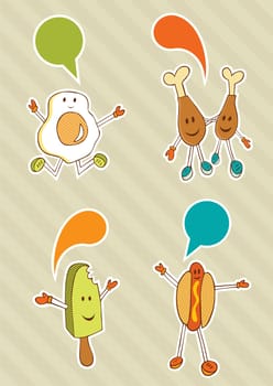 Multicolour fast food cartoons with dialogue balloon on beige background. Vector available.
