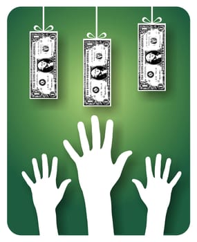 Hands trying to reach hanging dollar bills