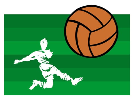 Soccer player shooting an orange big ball over horizontal green lines background.