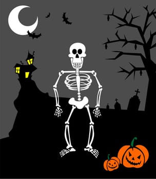 Halloween pumpkins and skeleton on a graveyard. Scary background. Vector available