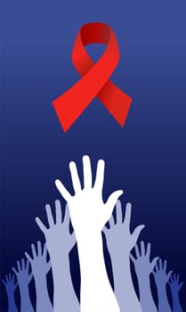A group of raised hands with AIDS ribbon over them. Vector avaliable