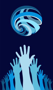 Raised hands with a world globe icon over them. Concept of harmony in the world. Blue background. Vector file available.