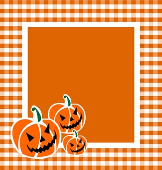 Halloween pumpkin faces in a grid framework. Orange background. Vector available