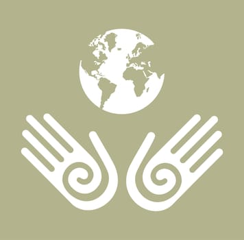 Two white hands with the globe behind. Vector avaliable