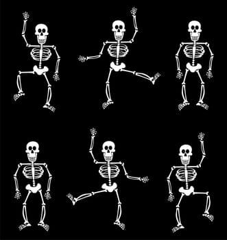 Halloween skeletons dancing on black background. Vector available