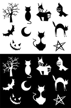 Halloween silhouettes set, element for design, on white and black background. Vector illustration.