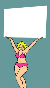 Voluptuous girl showing a blank banner whith her arms raised