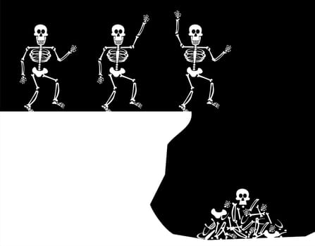 Halloween Skeleton jumping off a cliff. Four stages till bones piled up. Black background. Vector available