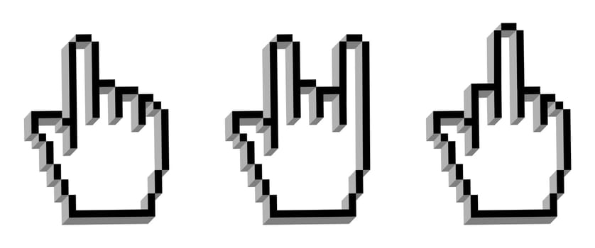 Three hand cursors in different gestures over white background. Vector available
