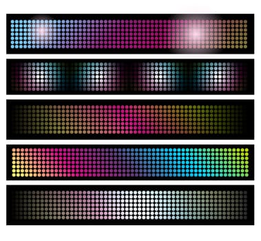 Five horizontal black bars filled with multicolored dots following a sequential ligthing pattern. Vector file available.