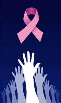 A group of raised hands with cancer ribbon over them. Vector avaliable