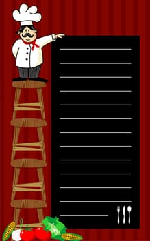 Funny chef on several wooden benches, holding a blackboard where the recommendations are written daily. Vegetables at left corner. Striped red background.
