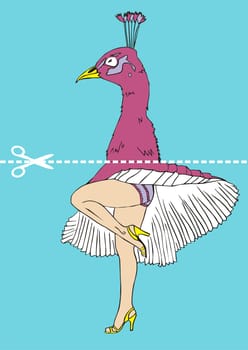 Marilyn Monroe legs and peacock head. Hatched line in the center marked for cutting with scissors. Trendy fashion design. Usable to print t-shirts. Vector available.