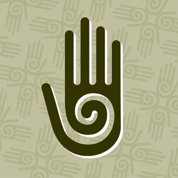 Hand with a spiral symbol on the palm, on a circle of hands background. Vector avaliable