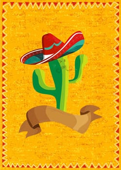 Mexican funny cactus cartoon character and ribbon illustration over grunge background. Useful for menu design.