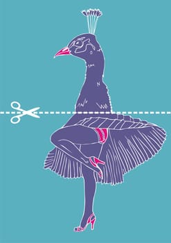 Marilyn Monroe legs with peacock head. Hatched line in the center marked for cutting with scissors. Trendy fashion design. Usable to print t-shirts. Vector available.
