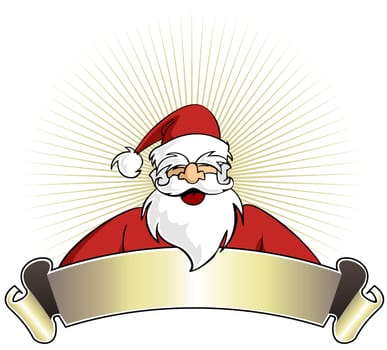 Happy Santa Claus with blank banner on golden striped background. Vector illustration