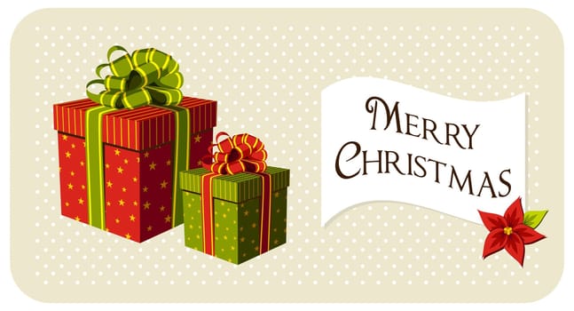 Gift boxes and banner with red Christmas flower. Beige background with white spots. Vector available