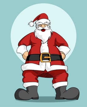 Christmas Series: Happy Santa Claus laughing with hands on hips in front of a full moon. Blue sky in the background.