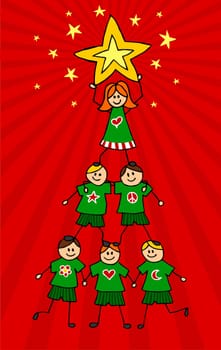 Children climb together to form a Christmas tree with a girl on top holding a star. Red background. Vector available